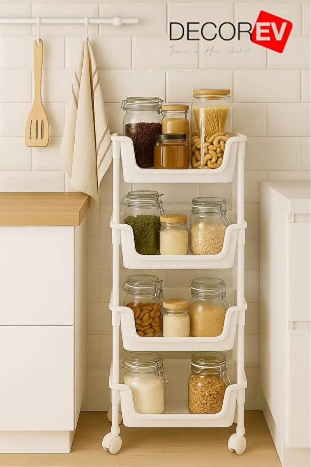 4 Katlı Tekerlekli Plastik Organizer Raf